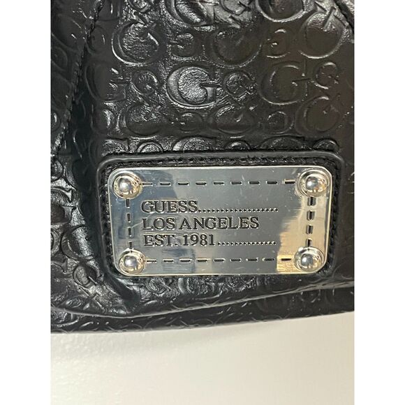 Guess Black G Logo Embossed Hobo Shoulder Bag Rhinestones Silver Plaque - Picture 3 of 7